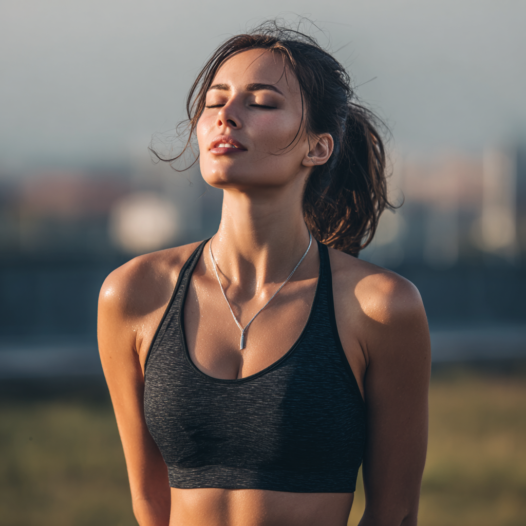 Smiling fit European woman in her 30s doing strength training with dumbbells in modern gym, realistic style