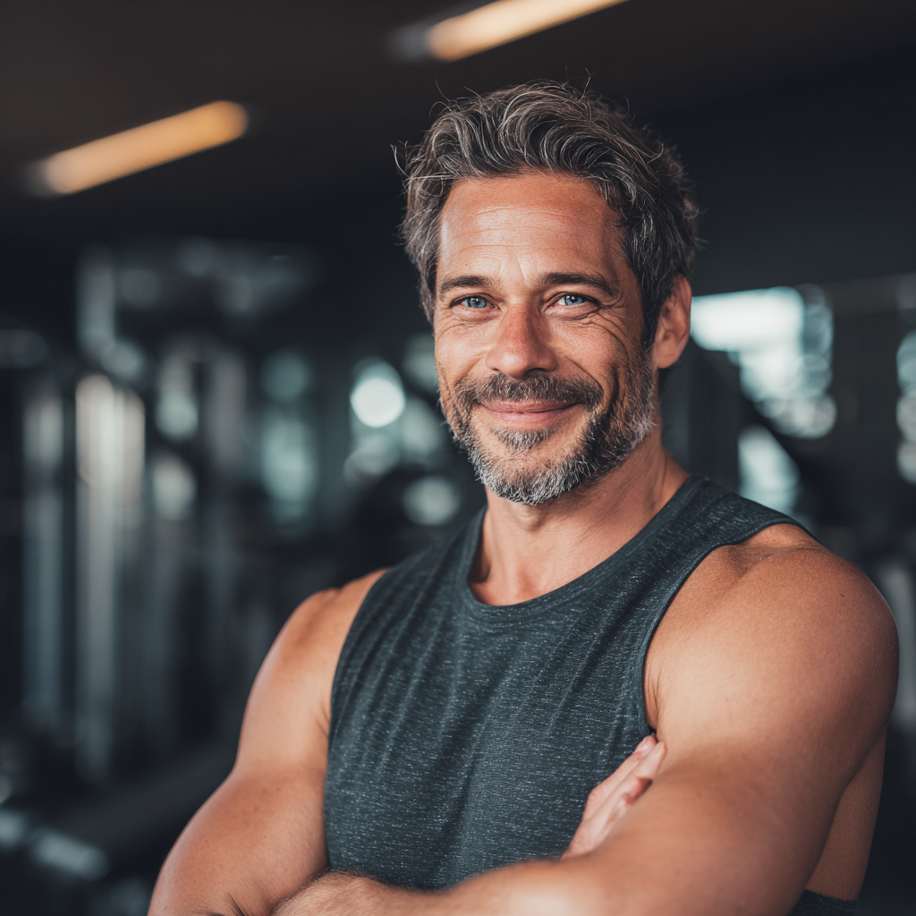 Experienced European male fitness instructor in his 40s with friendly smile in professional gym environment, realistic style